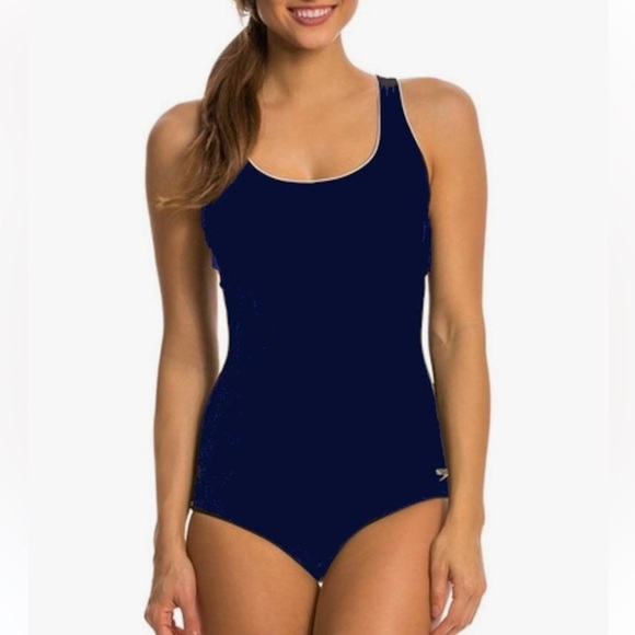 Speedo One-Piece Swimsuit, Keyhole Crisscross Back Moderate Contrast Cut - Picture 1 of 4